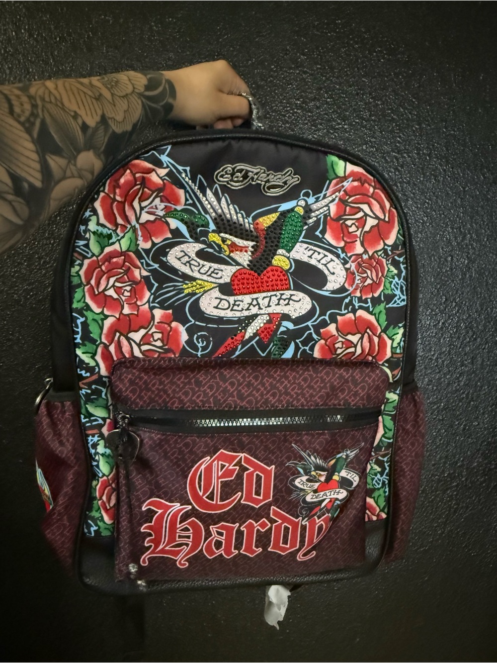 Ed Hardy Black Backpack with Red Floral Tattoo Artwork